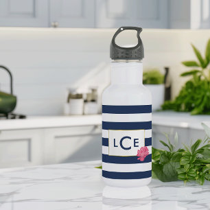 Navy Stripe en Roze Pony Monogram Water Fles