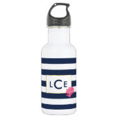 Navy Stripe en Roze Pony Monogram Water Fles (Voorkant)