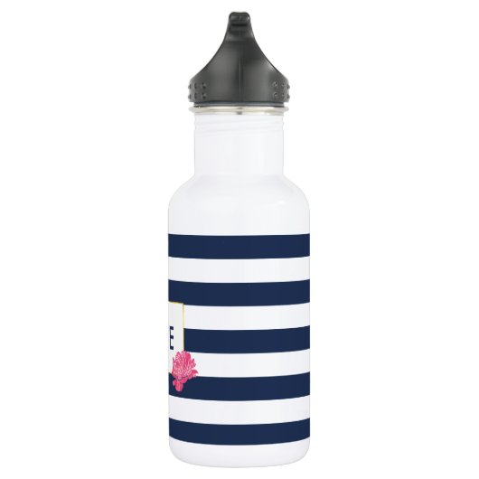 Navy Stripe en Roze Pony Monogram Water Fles (Rechts)
