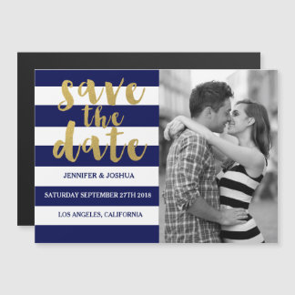 Navy Stripe Foto bewaart de datum Magnet-uitnodigi Magnetische Uitnodiging