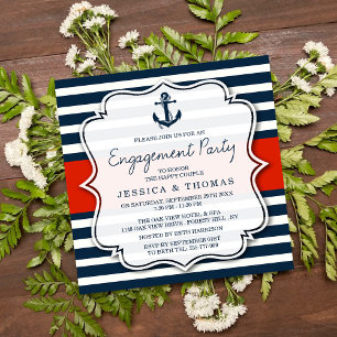Navy Stripe Nautical Anchor Engagement Party Kaart