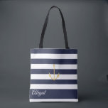Navy Stripe Nautical Anchor Personalized Canvas ta Tote Bag<br><div class="desc">Nautisch anker op marineblauw en witte stripe achtergrond,  gepersonaliseerde bridale canvas tas. Pas tekst,  doopvontstijl,  kleur en grootte aan. Stripes in blauw van de marine kunnen aan uw keus van kleur worden aangepast.</div>