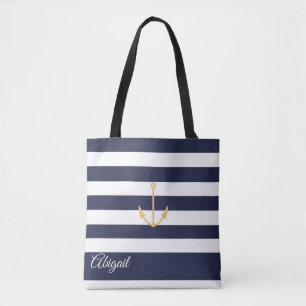 Navy Stripe Nautical Anchor Personalized Canvas ta Tote Bag