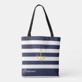 Navy Stripe Nautical Anchor Personalized Canvas ta Tote Bag (Achterkant)