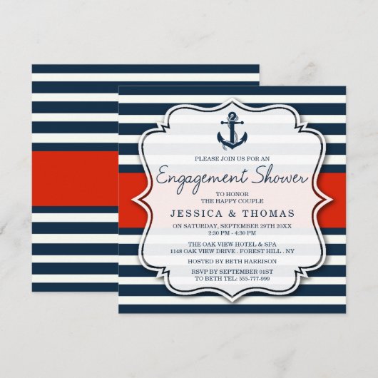 Navy Stripe Nautical Anchor Verloving Shower Kaart (Voorkant / Achterkant)