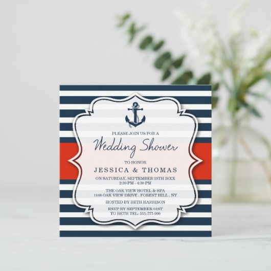 Navy Stripe Nautical Anchor Wedding Shower Kaart (Staand voorkant)