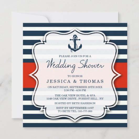 Navy Stripe Nautical Anchor Wedding Shower Kaart (Voorkant)