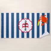 Navy Stripe nautische krab monogram strandlaken (Voorkant)