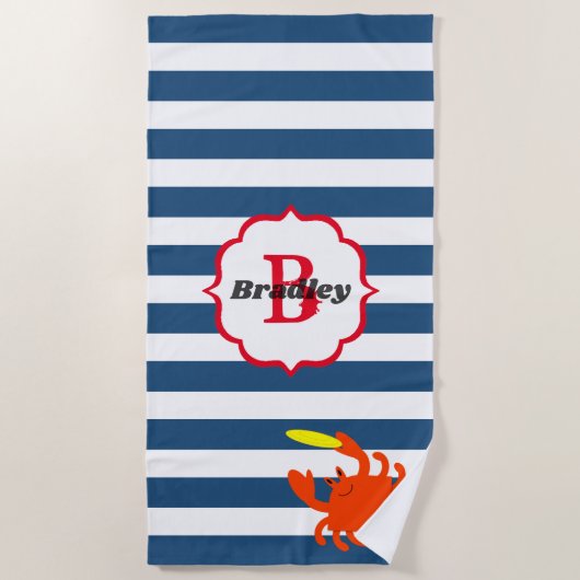 Navy Stripe nautische krab monogram strandlaken (Voorkant)