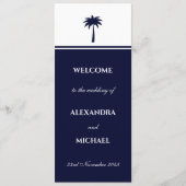 Navy Stripe Palm Tree Minimalistische Kust Huwelij Programmakaart (Voorkant)