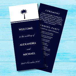 Navy Stripe Palm Tree Minimalistische Kust Huwelij Programmakaart