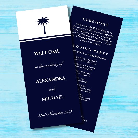 Navy Stripe Palm Tree Minimalistische Kust Huwelij Programmakaart