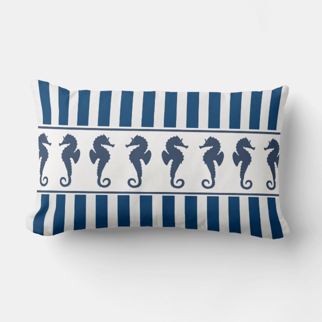 Navy Stripe Pattern en Zee Horses Kussen (Voorkant)