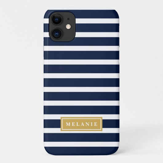 Navy Stripe Pattern Gold Name Sjabloon Case-Mate iPhone Case (Achterkant)