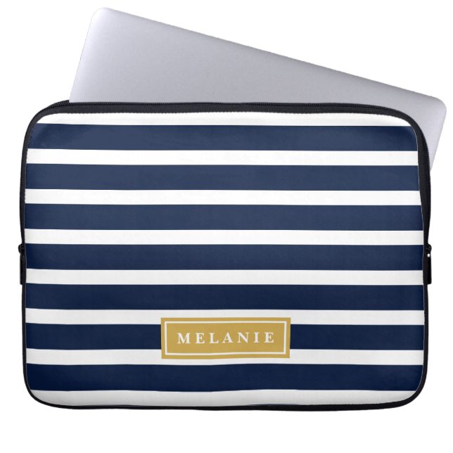 Navy Stripe Pattern Gold Name Sjabloon Laptop Sleeve (Voorkant)