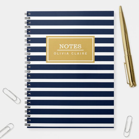Navy Stripe Pattern Gold Name Sjabloon Notitieboek
