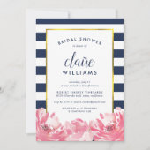 Navy Stripe & Pink Peony Bridal Shower Invitation Kaart (Voorkant)