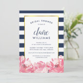 Navy Stripe & Pink Peony Bridal Shower Invitation Kaart (Staand voorkant)