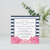 Navy Stripe & Pink Peony Bridal Shower Invitation Kaart (Staand voorkant)