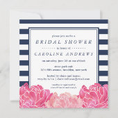 Navy Stripe & Pink Peony Bridal Shower Invitation Kaart (Voorkant)