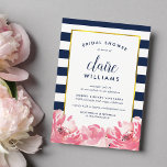 Navy Stripe & Pink Peony Bridal Shower Invitation Kaart<br><div class="desc">Kies deze prachtige uitnodigingen voor de moderne klassieke bruid! Met een vettige blauw en witte stripe achtergrond,  een goudfolie rand en een ondergrens van roze waterverf pony-bloemen.</div>