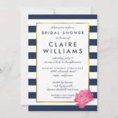 Navy Stripe & Pink Peony Bridal Shower Invitations Kaart (Voorkant)