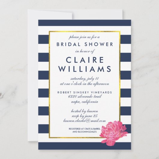 Navy Stripe & Pink Peony Bridal Shower Invitations Kaart (Voorkant)