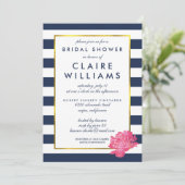 Navy Stripe & Pink Peony Bridal Shower Invitations Kaart (Staand voorkant)