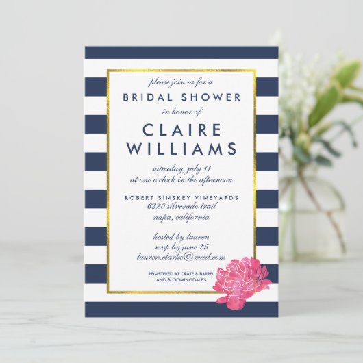 Navy Stripe & Pink Peony Bridal Shower Invitations Kaart (Staand voorkant)