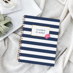 Navy Stripe & Pink Peony, gepersonaliseerd Notitieboek