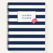 Navy Stripe & Pink Peony, gepersonaliseerd Notitieboek (Voorkant)