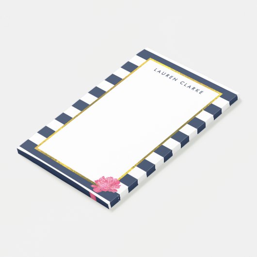 Navy Stripe & Pink Peony, gepersonaliseerd Post-it® Notes (Schuin)