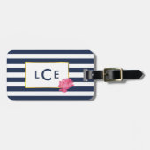 Navy Stripe & Pink Peony Monogram Bagagelabel (Voorkant horizontaal)