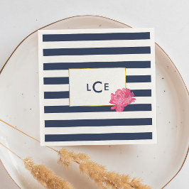 Navy Stripe & Pink Peony Monogram Cocktail Napkins Servetten