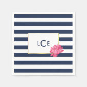 Navy Stripe & Pink Peony Monogram Cocktail Napkins Servetten (Voorkant)