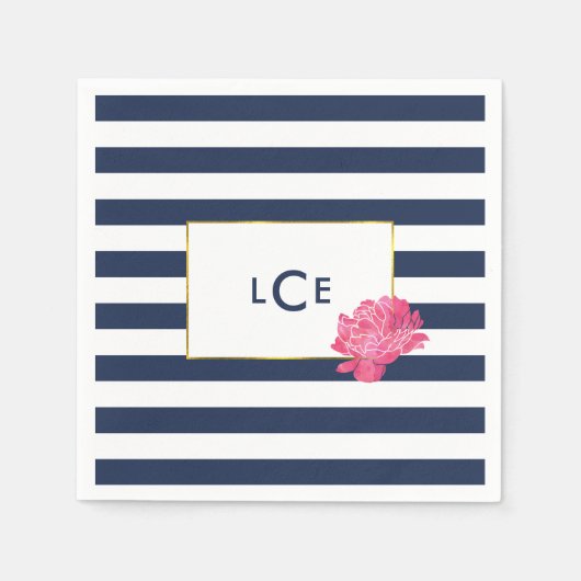 Navy Stripe & Pink Peony Monogram Cocktail Napkins Servetten (Voorkant)