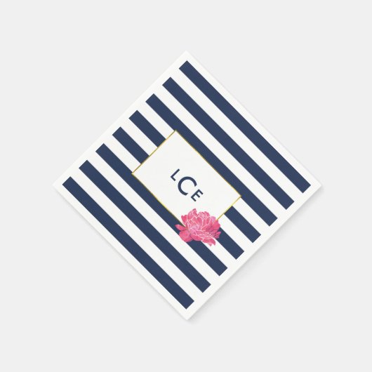 Navy Stripe & Pink Peony Monogram Cocktail Napkins Servetten (Hoek)