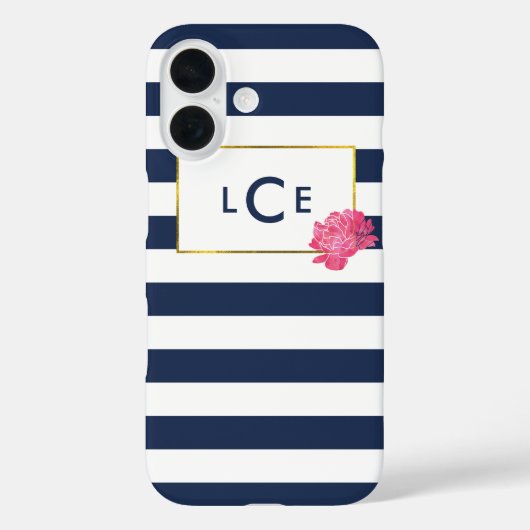 Navy Stripe & Pink Peony Monogram iPhone Case (Achterkant)