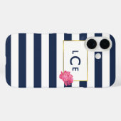 Navy Stripe & Pink Peony Monogram iPhone Case (Achterkant (horizontaal))