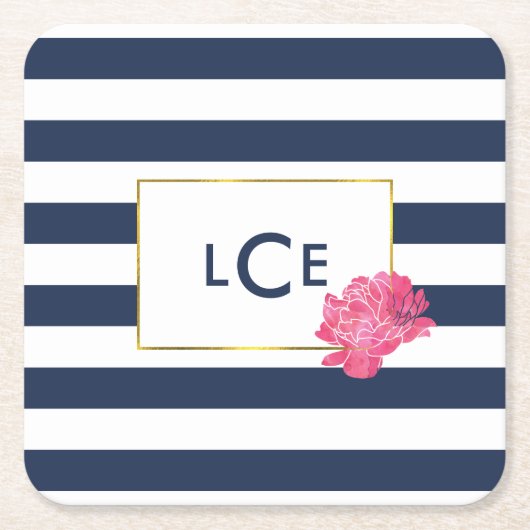 Navy Stripe & Pink Peony Monogram Onderzetters (Voorkant)