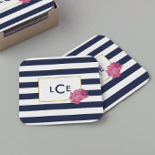 Navy Stripe & Pink Peony Monogram Onderzetters