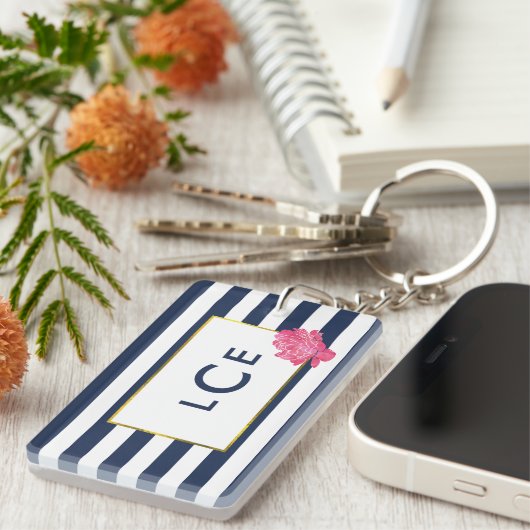 Navy Stripe & Pink Peony Monogram Sleutelhanger (Voorkant Rechts)