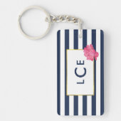 Navy Stripe & Pink Peony Monogram Sleutelhanger (Voorkant)
