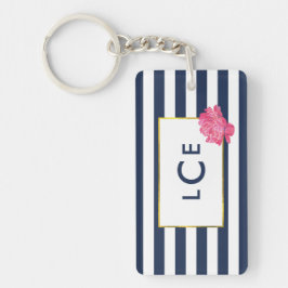 Navy Stripe & Pink Peony Monogram Sleutelhanger