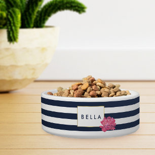 Navy Stripe & Pink Peony Personalized Pet Bowl Voerbakje