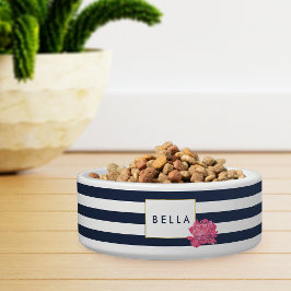 Navy Stripe & Pink Peony Personalized Pet Bowl Voerbakje