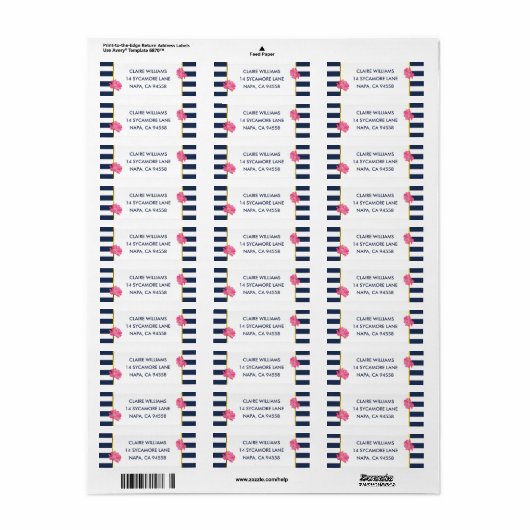 Navy Stripe & Pink Peony Return Address Labels (Full Sheet)