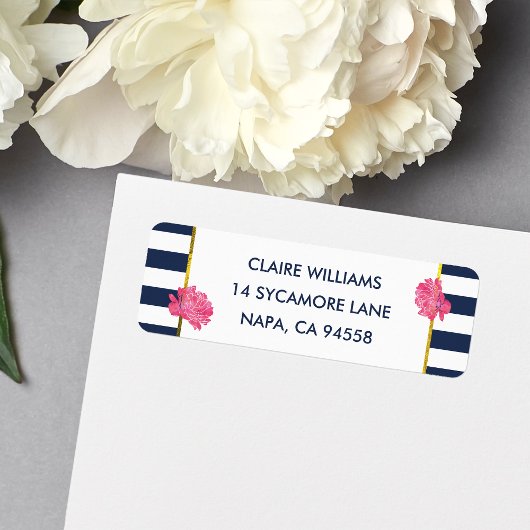 Navy Stripe & Pink Peony Return Address Labels