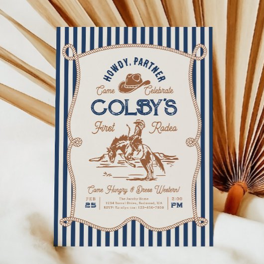 Navy Stripe Rodeo Birthday Invitation Kaart