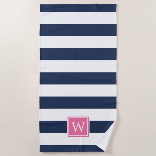 Navy Stripe & Roze Monogram Strandlaken (Voorkant)